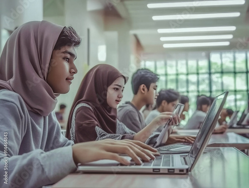 Young students working with laptop computers inside classroom at school university - College, back to school and campus lifestyle concept Focus on top students 