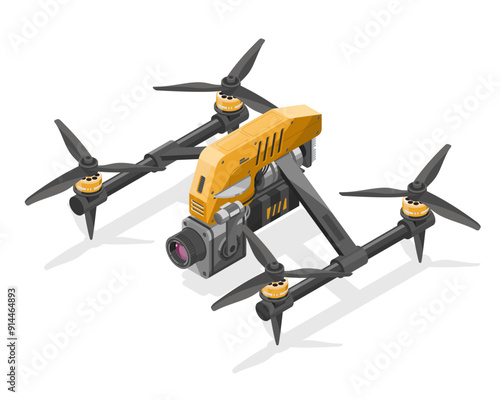 Industrial UAV drone for industrial inspaction tecnology fro professional pilot isometric isolated yellow