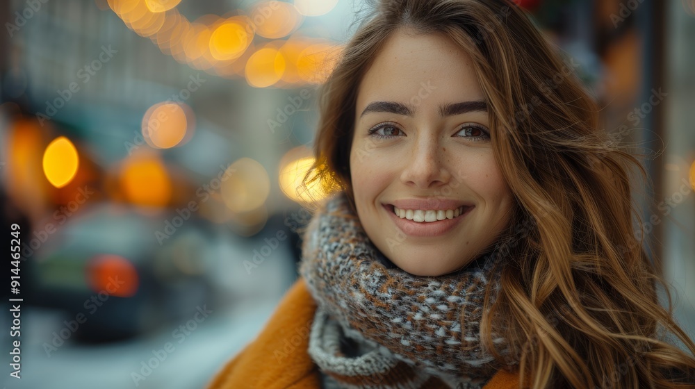 A woman with long brown hair and a scarf around her neck is smiling A woman with long brown hair and a scarf around her neck is smiling