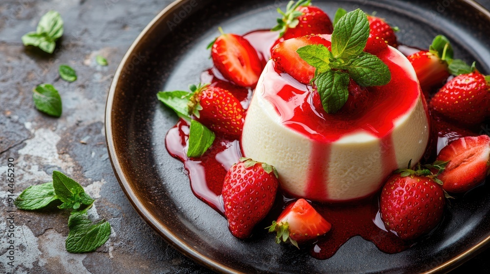 Italian panna cotta dessert with strawberries, creating a delicious and sophisticated visual perfect for a dessert background. Italian panna cotta dessert with strawberries, creating a delicious and sophisticated visual perfect for a dessert background.