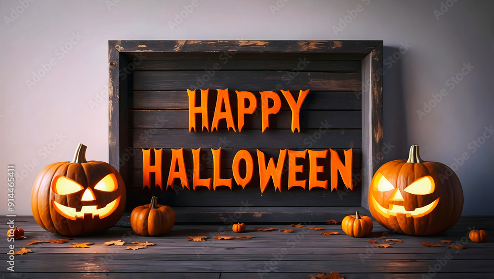 Text Happy Halloween, scary carved glowing pumpkins, festive background, jack-o-lantern, October 31. holiday, poster, template