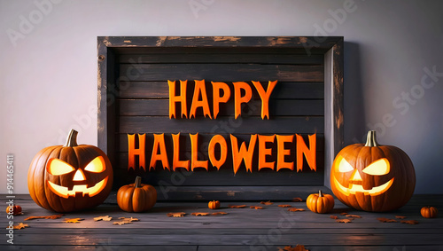 Obraz na płótnie Text Happy Halloween, scary carved glowing pumpkins, festive background, jack-o-lantern, October 31. holiday, poster, template w salonie