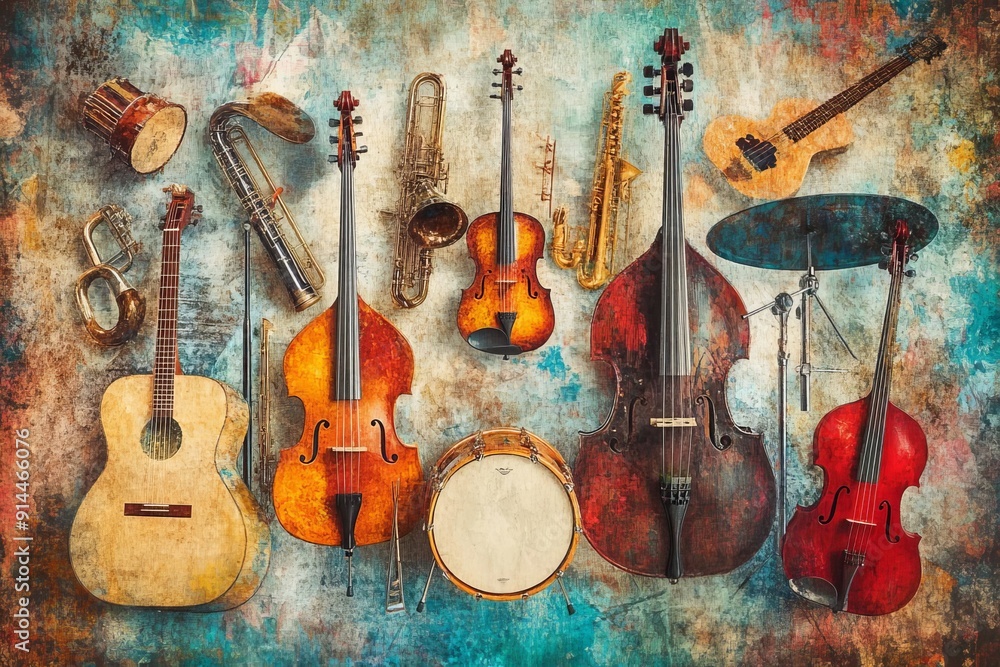Naklejka premium An abstract composition of vintage musical instruments with a modern artistic twist, emphasizing creativity and originality AbstractArtistic