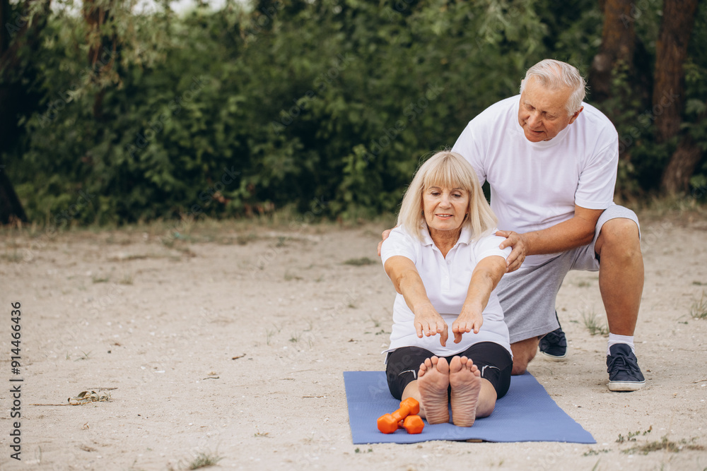 Fototapeta premium Senior Couple Practicing Outdoor Yoga Exercise Together in Nature