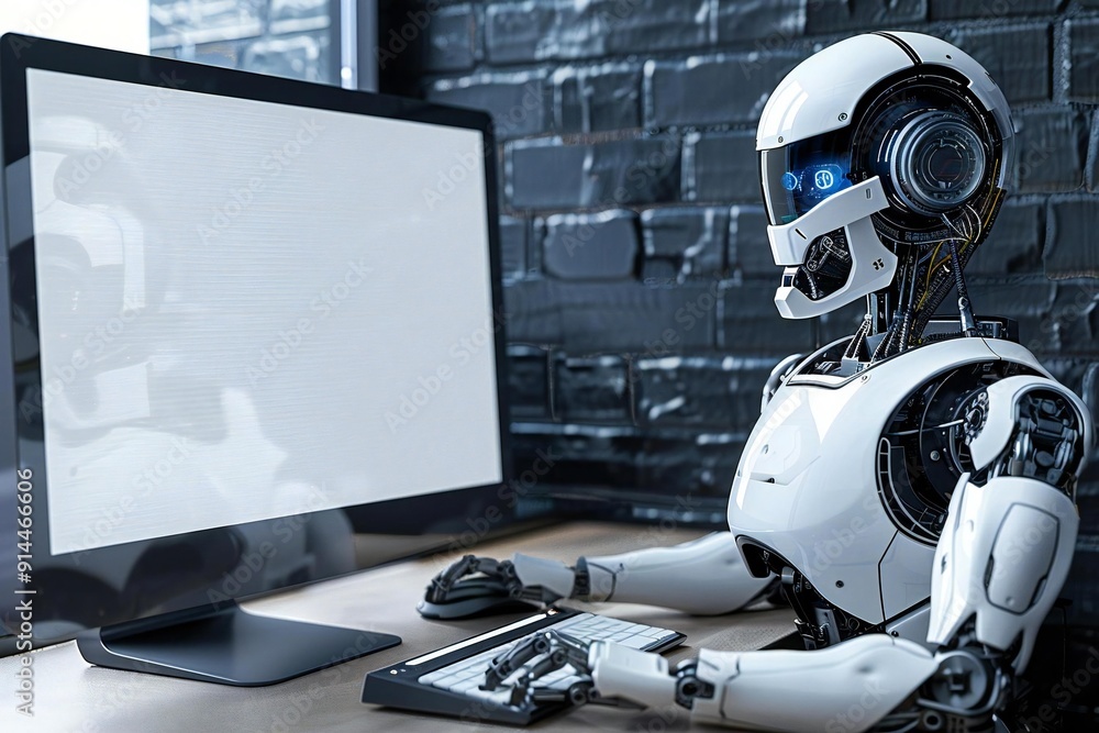 Humanoid Robot Working On Computer With Blank White Screen Humanoid Robot Working On Computer With Blank White Screen