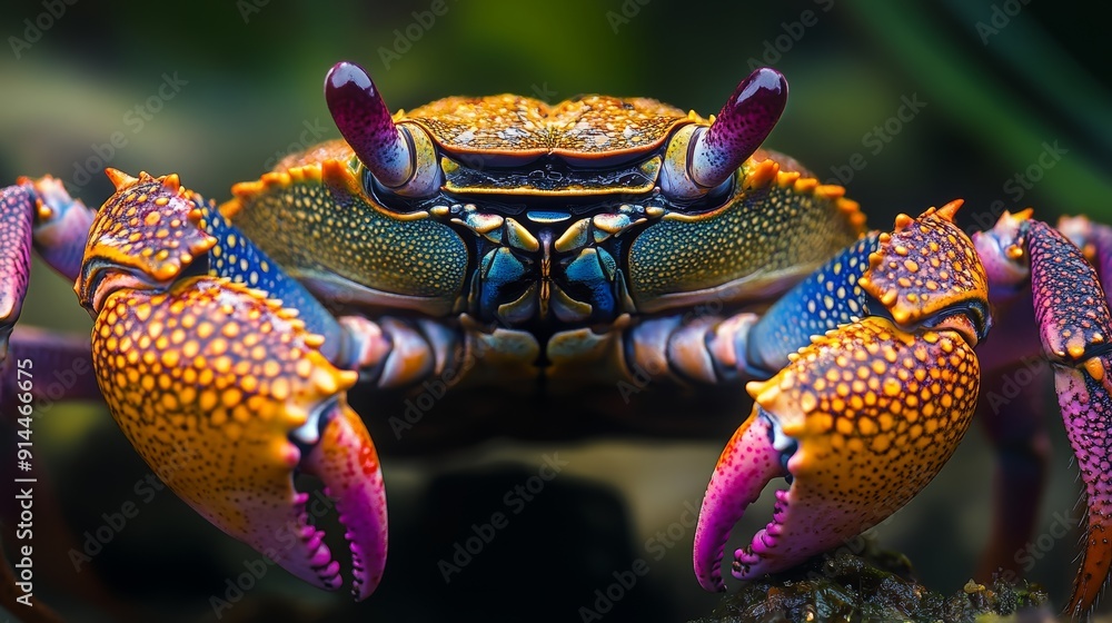 A crab with orange and pink claws and a blue face A crab with orange and pink claws and a blue face
