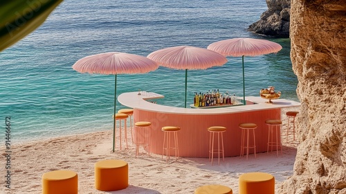 Fototapeta Naklejka Na Ścianę i Meble -  A beach bar with pink umbrellas and pink bar stools