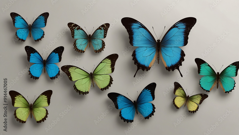 utterflies of various shades of blue and green. They are all arranged on a white background. utterflies of various shades of blue and green. They are all arranged on a white background.