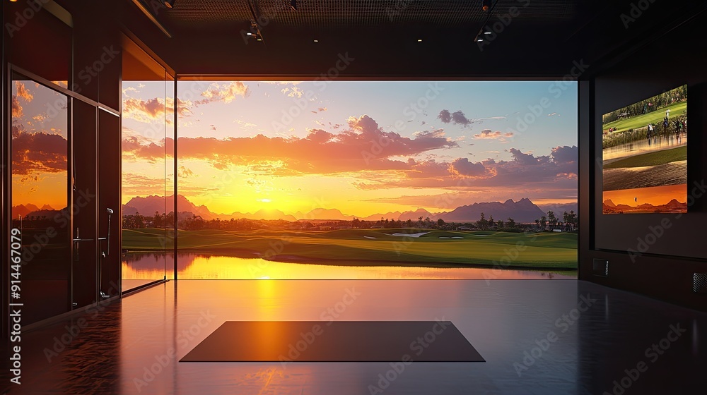Modern indoor golf simulator with a scenic sunset background, providing a realistic and immersive golfing experience with ample copy space. Modern indoor golf simulator with a scenic sunset background, providing a realistic and immersive golfing experience with ample copy space.