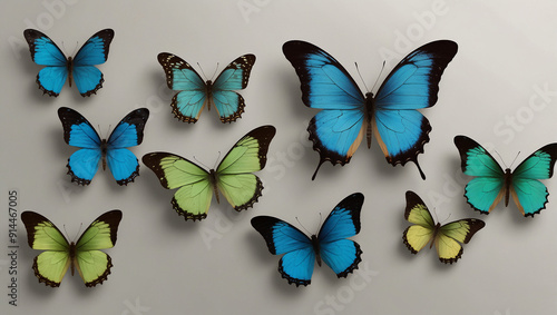 utterflies of various shades of blue and green. They are all arranged on a white background. photo