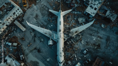 Top-Down Aerial Shot Looking Down at Plane Crash Wreckage