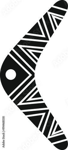 Black and white illustration of a boomerang decorated with traditional australian aboriginal art