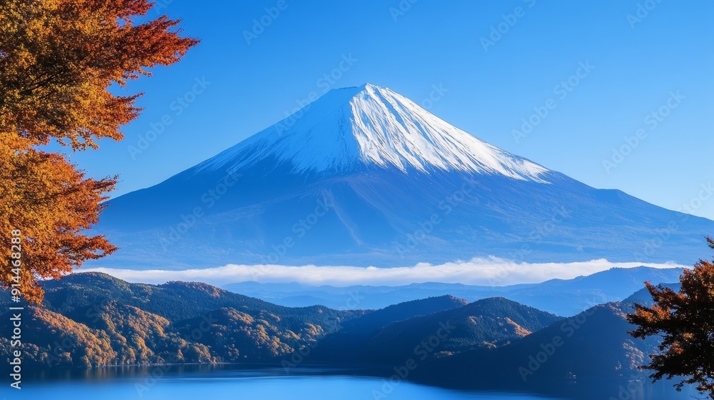 Fototapeta premium A mountain with snow on top and a blue sky in the background