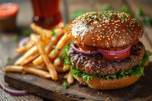 Delicious hamburger with cola and potato fries on a wooden table with a dark brown background behind. Fast food concept photo