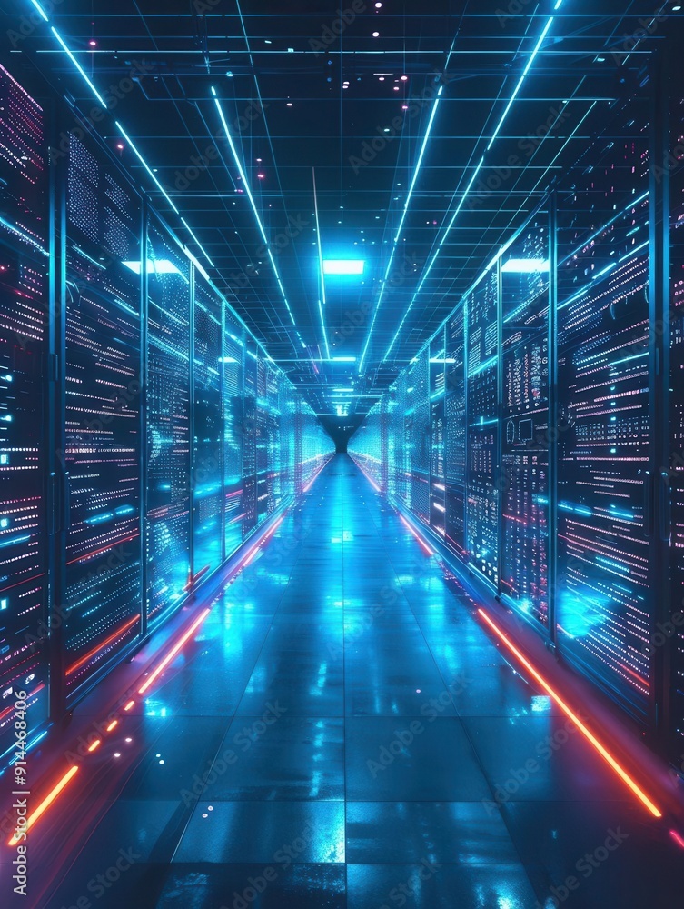 custom made wallpaper toronto digitalFuturistic tech retail warehouse, digitalization of goods, Industry 40 process, hightech visualization, blue neon lights, wideangle view