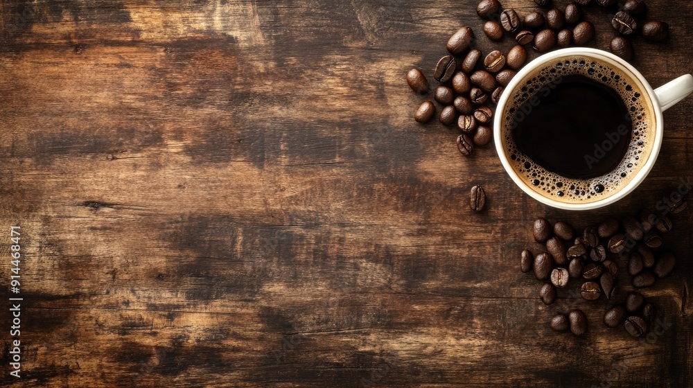 Overhead shot of a rustic kitchen table with a coffee cup and coffee beans, providing lots of room for your message. Overhead shot of a rustic kitchen table with a coffee cup and coffee beans, providing lots of room for your message.