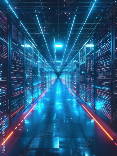 Wallpaper Mural Futuristic tech retail warehouse, digitalization of goods, Industry 40 process, hightech visualization, blue neon lights, wideangle view Torontodigital.ca