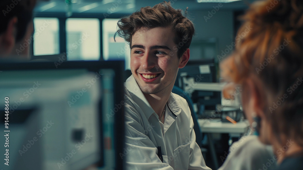 A cheerful apprentice collaborating with peers in a workplace, photorealistic image in cinematic style A cheerful apprentice collaborating with peers in a workplace, photorealistic image in cinematic style