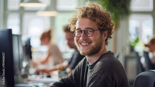 A cheerful apprentice collaborating with peers in a workplace, photorealistic image in cinematic style 