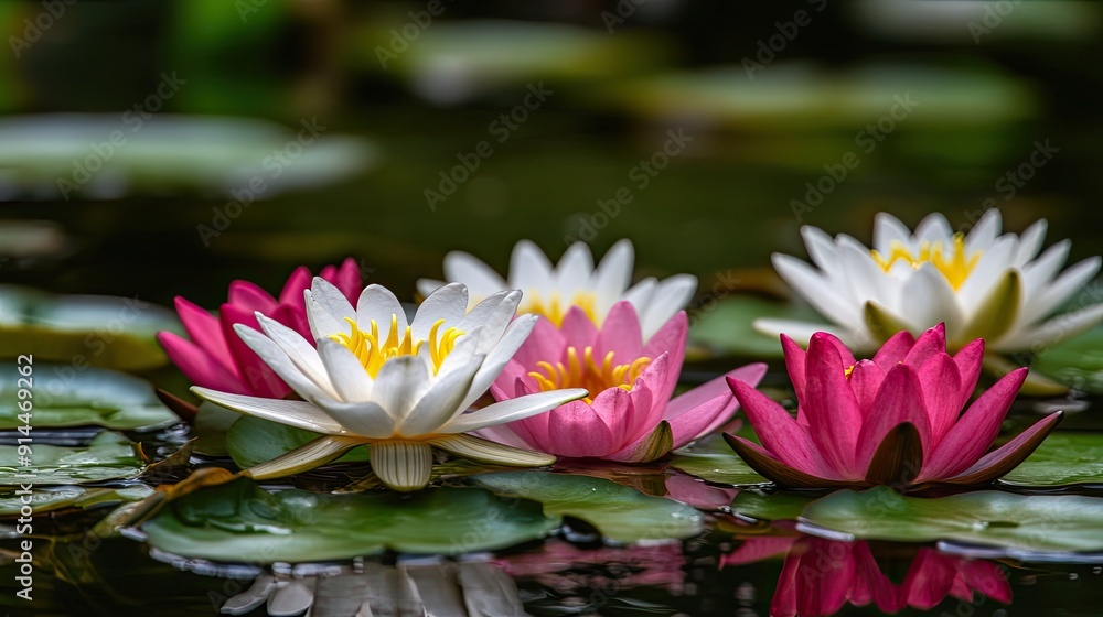 Pink and white water lilies in a lily pond, captured in close-up, offering a serene and picturesque visual with plenty of room for text. Pink and white water lilies in a lily pond, captured in close-up, offering a serene and picturesque visual with plenty of room for text.