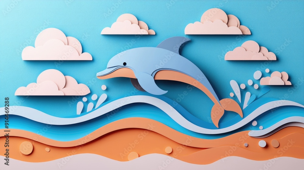 paper cut style illustration dolphin colorful 3d filed green hills whimsical clouds paper cut style illustration dolphin colorful 3d filed green hills whimsical clouds