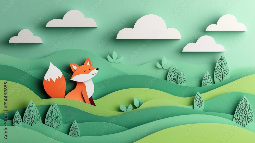 Naklejka premium paper cut style illustration fox colorful 3d filed green hills whimsical clouds