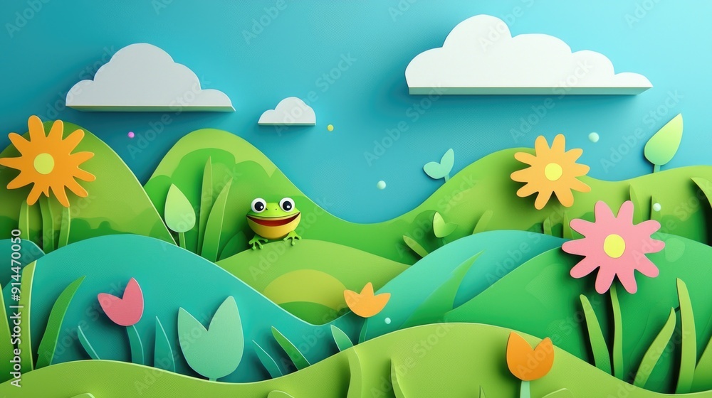 Obraz premium paper cut style illustration frog colorful 3d filed green hills whimsical clouds