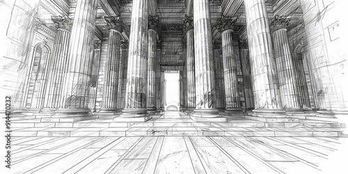  Detailed Black and White Sketch of a Law Court Building Exterior Captured in Raw Style with Full Court View and High Stylization