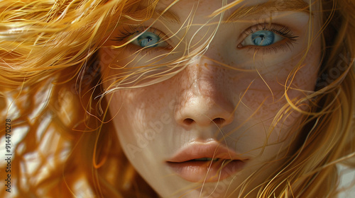 Ultra HD Photorealistic Image of a Girl with Flowing Golden Hair and Doe-Like Spring Gentian Eyes, Featuring Porcelain Skin and Delicate Facial Features