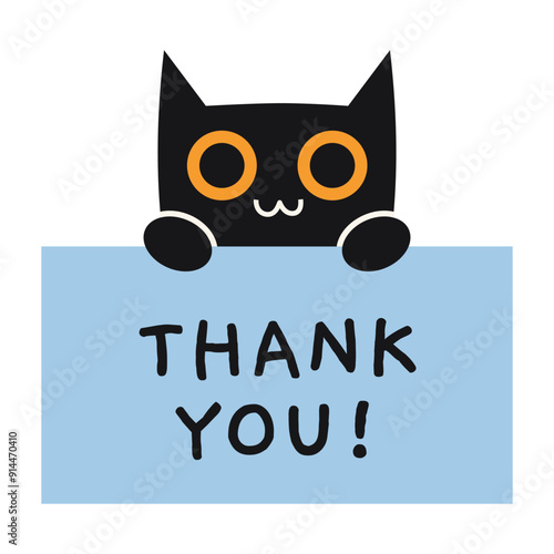 Cute black cat holds a sign in his paws, space for text, banner with the inscription Thank you. Vector illustration isolated on white, hand drawn, flat design