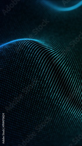 Abstract Vertical blue wave form animated loop with blue light digital effect on black background. Network communication wave signal technology futuristic concept. 