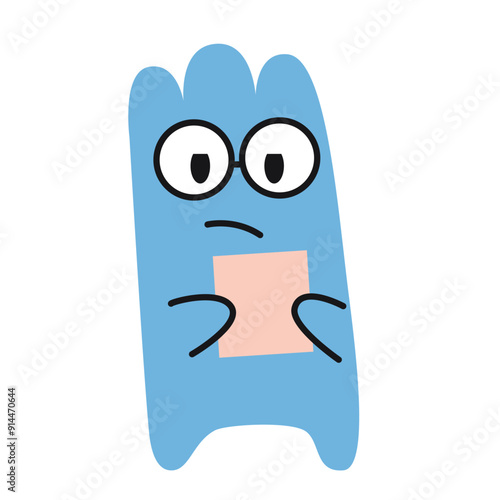 Cute character with glasses reading a document and holds it in hands. Vector illustration isolated on white, hand drawn, flat design