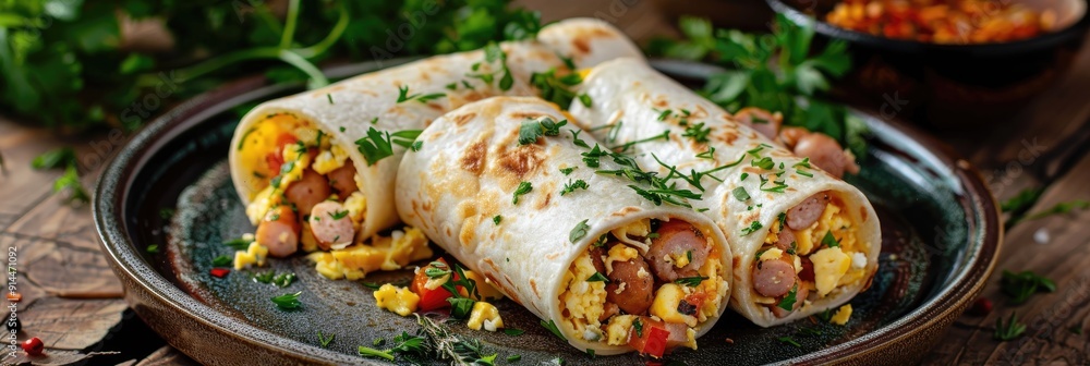 Mini tortilla rolls with diced sausages cheese eggs and herbs served on a plate at the table Mini tortilla rolls with diced sausages cheese eggs and herbs served on a plate at the table