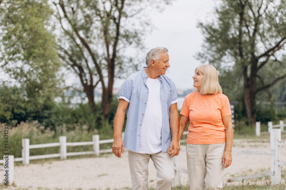 Happy Senior Couple Walking Hand in Hand in a Park Happy Senior Couple Walking Hand in Hand in a Park
