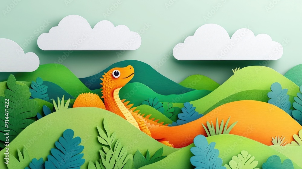 Obraz premium paper cut style illustration lizard colorful 3d filed green hills whimsical clouds