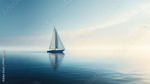 Sailboat alone on a tranquil sea, perfect for themes of freedom and solitude, offering a serene and inspiring visual with plenty of room for text.