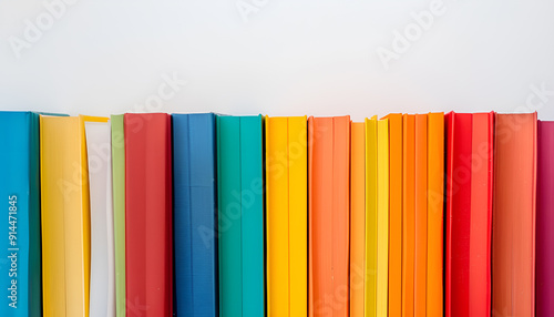 Many bright colorful books against white background