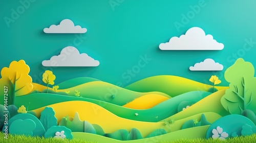 paper cut style illustration green landscape colorful 3d filed green hills whimsical clouds