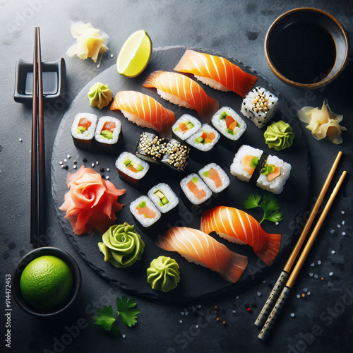 Assortment of Sushi Rolls and Nigiri served on a typical Japanese black stone