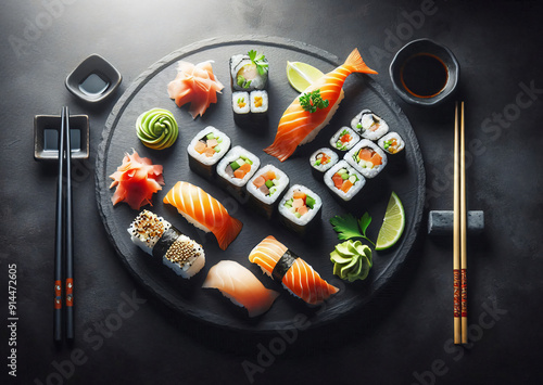 Serenade of the Sea Sushi Rolls and Nigiri on Black Stone