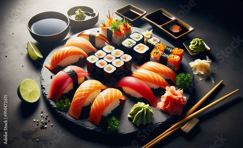Selection of Sushi Rolls and Nigiri on Authentic Japanese Black Stone