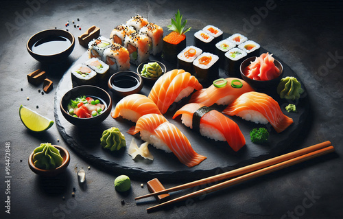Oceans Embrace Sushi Rolls and Nigiri on Black Stone