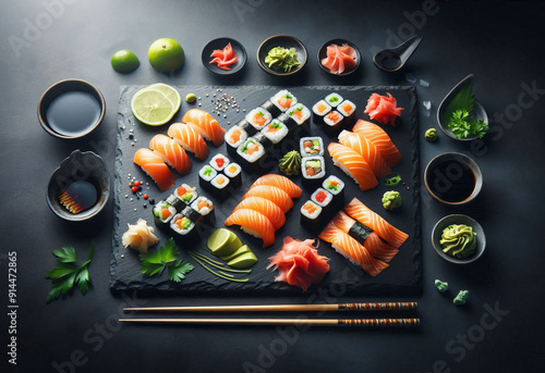 Variety of Sushi Rolls and Nigiri on Traditional Japanese Black Stone