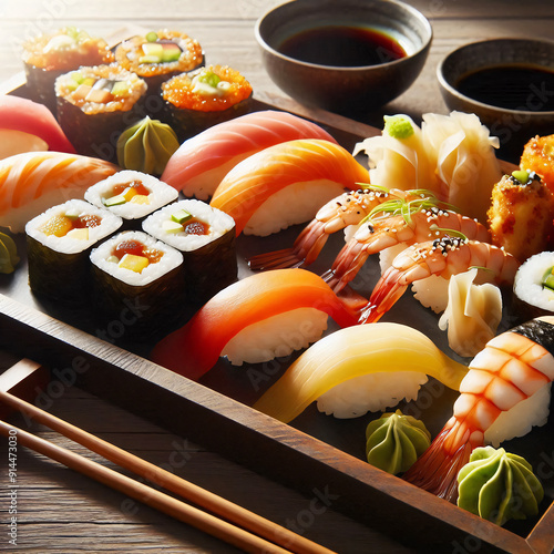 Gourmet Sushi Rolls on a Wooden Tray