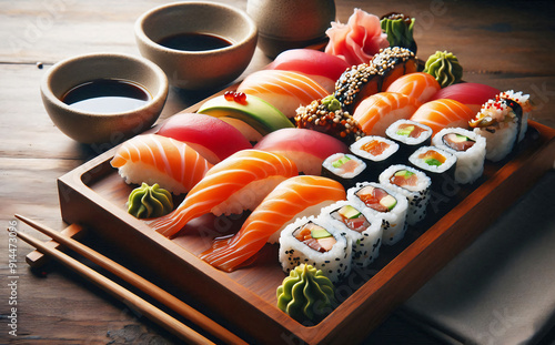 Sushi Rolls Harmony, A Culinary Masterpiece Presented on a Wooden Tray