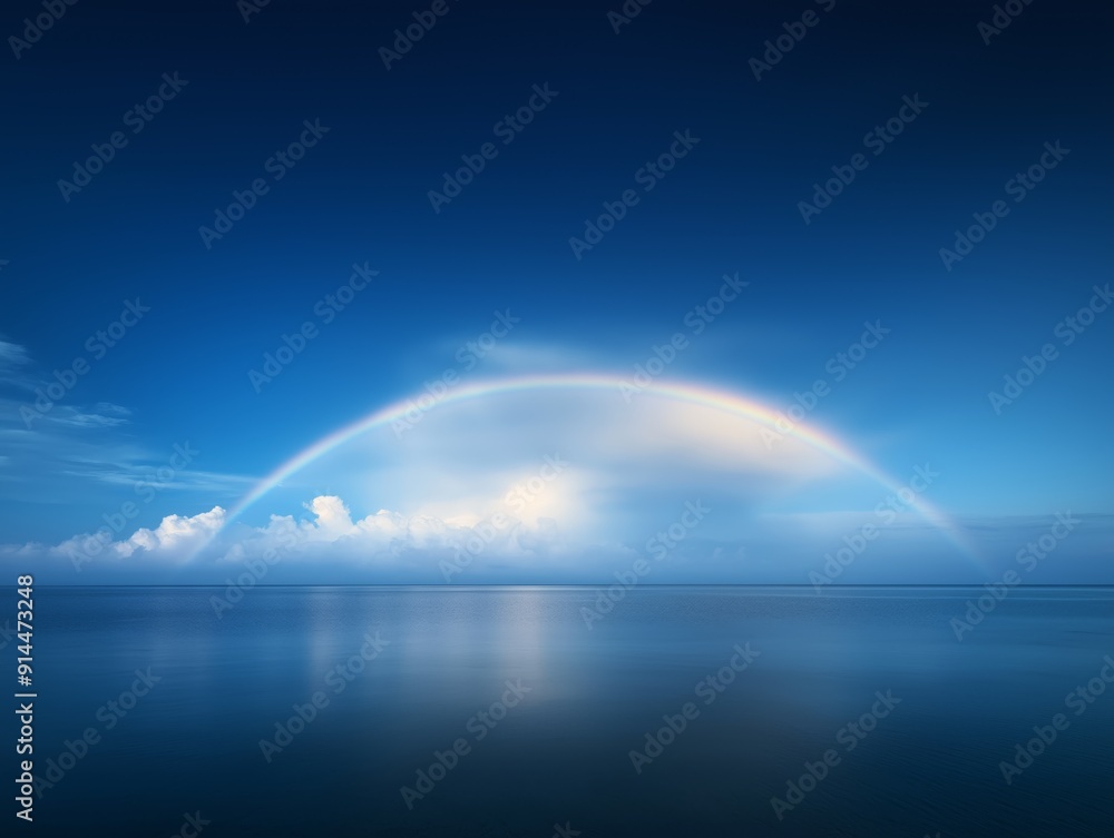 Rainbow over a tranquil ocean horizon with a bright blue sky and fluffy white clouds Rainbow over a tranquil ocean horizon with a bright blue sky and fluffy white clouds