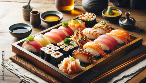Wooden Elegance, A Gourmet Experience of Sushi Rolls on a Rustic Tray