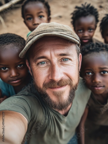 A man taking a selfie with a group of smiling children, great for family or social media use