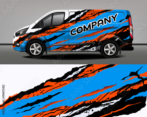 Cargo Van Wrap Designs. Graphic Abstract Blue, Orange and Black Stripes for Car Branding. Modern Camouflage Design for Vehicle Vinyl Wraps.
