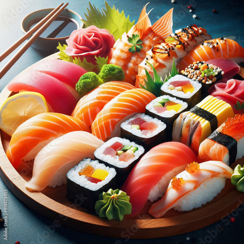 A Colorful Assortment of Sushi Rolls and Nigiri on a wooden Brown Plate